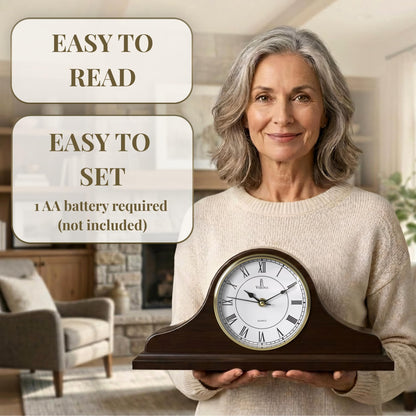 Mantel Clock Battery Operated - Wooden Mantle Clock 15x7.5 - Silent, Non-Chiming, Made of Solid Wood & Easy to Read - for Living Room Decor Above Fireplace, Office, Shelf, Table & Home Décor Gift