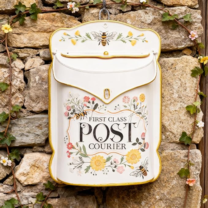 Wall Mount Mailbox for Outside Vintage Mail Boxes for House Outside Metal Door Mailbox Drop Box Antique Style Nostalgic Charm Home Decorative, Flower Pattern, Pink