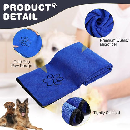 Chumia 4 Pack Dog Towels for Drying Large Microfiber Grooming Tools Absorbent Soft Bath Supplies with Embroidered Paw for Small Medium Pet Products(30 x 50 Inch,Blue)