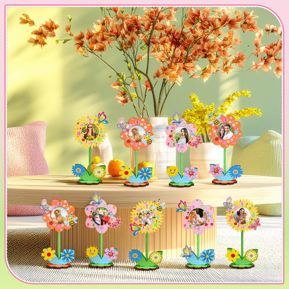 24 Sets Mother's Day Crafts Bulk Spring DIY Flower Picture Frame Kit Unfinished Solid Wood Flower Picture Frames Craft with Gems Sticker Paint Brush for DIY Birthday Party Gift(Assorted Styles)