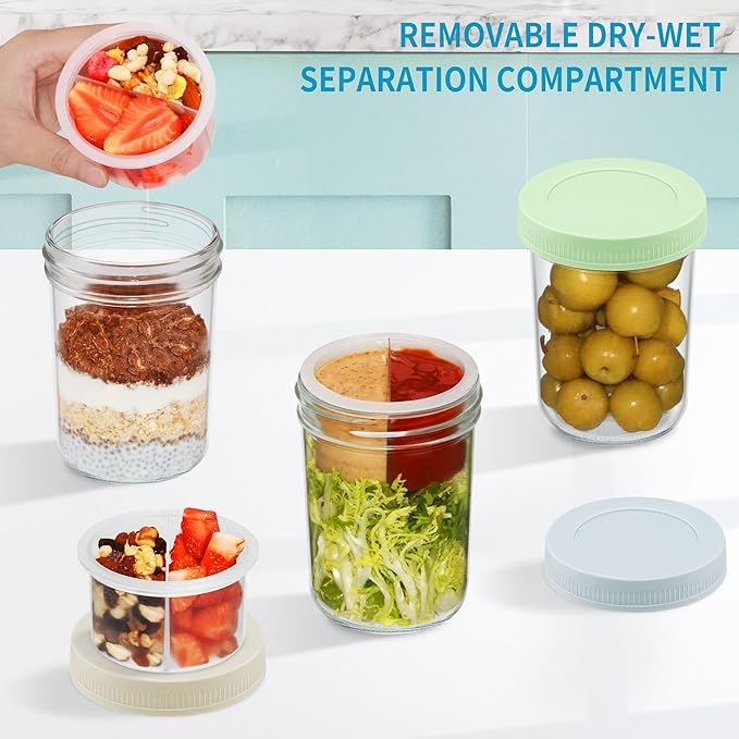 Xyptorix 16 oz Overnight Oats Containers with Airtight Lids - 4-Pack Leak-Proof Wide Mouth Mason Jars & Divided Cups for Dried and Wet Foods, Glass Jars for Chia Pudding, Salad, Snacks, and Yogurt