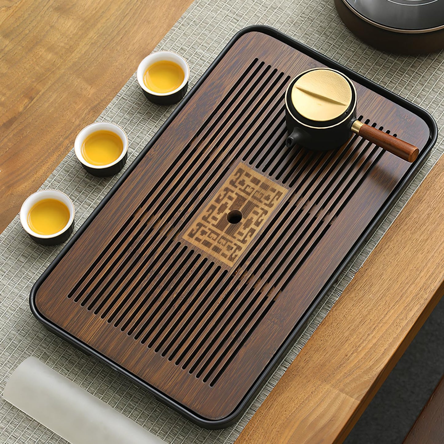 Jotsport 17 Inch Bamboo Chinese Gongfu Tea Tray with Water Storage Drainage for Kung Fu Tea Set, (Large, Black)