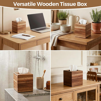 S310 Acacia Wood Tissue Box Cover, Square Tissue Box Holder with Slide-Out Bottom, Wooden Cube Tissue Covers Tissue Holders for Bathrooms Office Kitchen