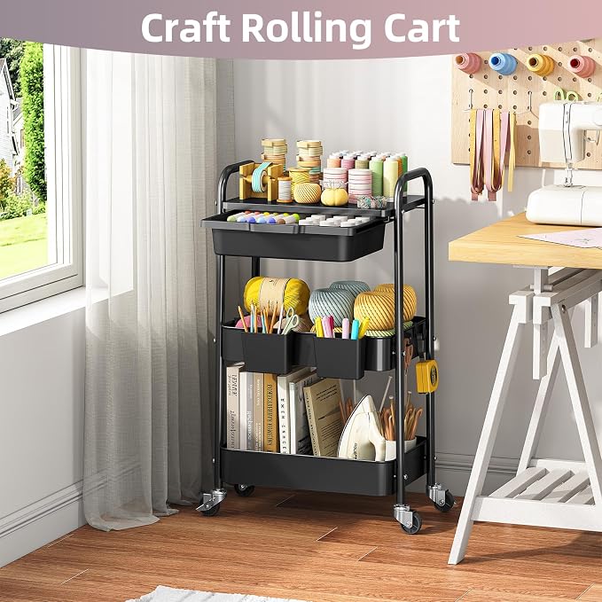 3 Tier Metal Rolling Utility Cart with Drawer & Lockable Wheels - Heavy Duty Multifunctional Storage Organizer with 2 Cups and 4 Hooks for Bathroom, Kitchen, Snack, Craft, Makeup, Baby Essentials