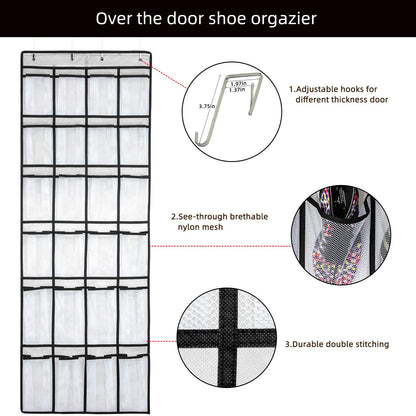 SAVERHO Over The Door Shoe Organizer, Hanging Shoe Organizer with 24 Mesh Large Pockets Door Shoe Rack Organizer for Men Women Kids Hanging Shoe Storage Bag.(White