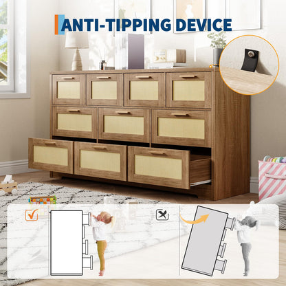 GarveeLife 10 Drawer Dresser for Bedroom, 59 in Farmhouse Rattan Dressers & Chests of Drawers, Wooden Storage Organizer with Anti-Tipping Device for Living Room, Hallway, Entryway, Natural