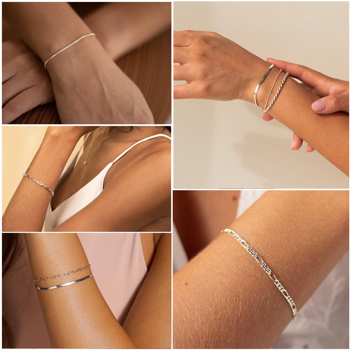 DEARMAY Dainty Silver Bracelets for Women Trendy, 925 Sterling Silver Jewelry Set Paperclip Box Herringbone Figaro Rope Chain Bracelet for Women Fashion Pack Gifts