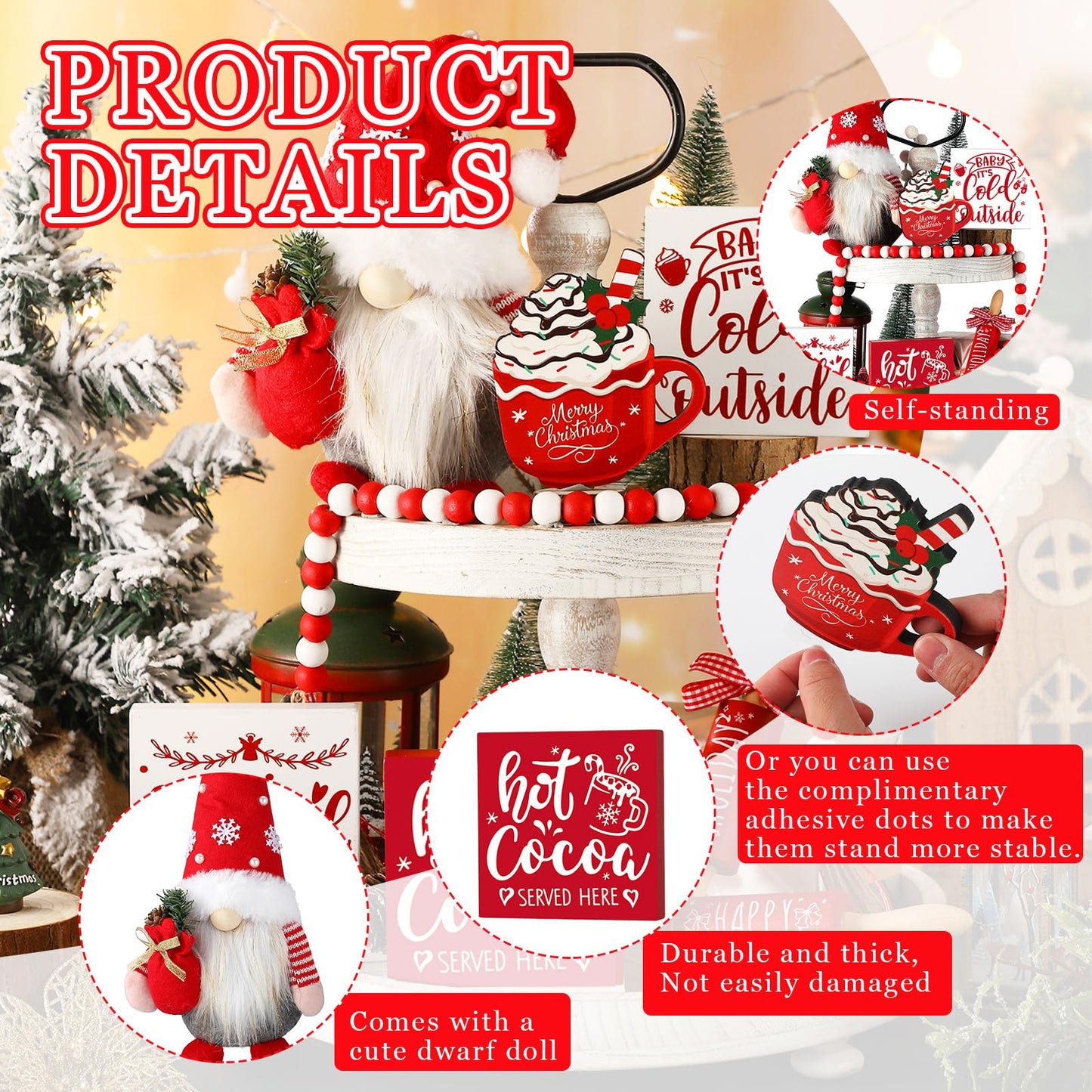 8 Pcs Christmas Tiered Tray Decor Includes 1 Pc Christmas Gnomes Plush Balls 4 Pcs Small Wooden Signs 2 Pcs Decorative Mini Rolling Pins 1pc Wood Holiday Bead Garland for Table Home Kitchen Decor