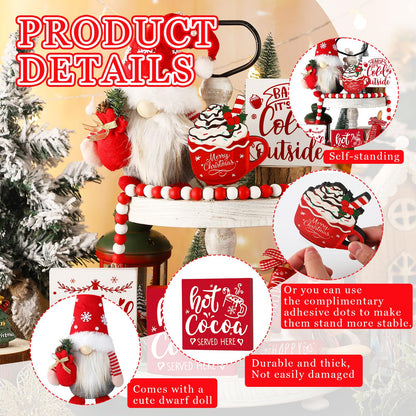 8 Pcs Christmas Tiered Tray Decor Includes 1 Pc Christmas Gnomes Plush Balls 4 Pcs Small Wooden Signs 2 Pcs Decorative Mini Rolling Pins 1pc Wood Holiday Bead Garland for Table Home Kitchen Decor