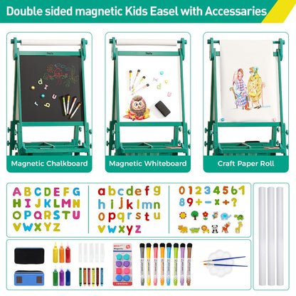 FUNLIO Foldable Anti-Warping Kids Art Easel, 3 Height Adjustable Toddler Easel, All-in-One for Kids Aged 3-8 with Paper Roll, Standing Easel with Magnetic Chalkboard/Whiteboard - Viridian Foldable
