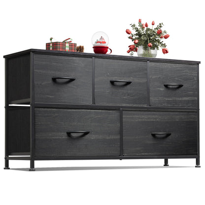 WLIVE Dresser for Bedroom with 5 Drawers, Wide Chest of Drawers, Fabric Dresser, Storage Organizer Unit with Fabric Bins for Closet, Living Room, Hallway, Charcoal Black Wood Grain Print