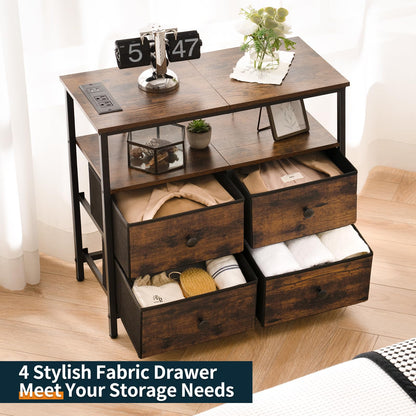 Yoobure Night Stand with Charge Station, Nightstand with 4 Drawers Bedside Table, LED Dresser with Storage Shelf, Night Stands for Bedroom, Side Table 3-Tier Wood End Table for Home Rustic Brown