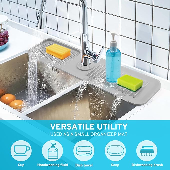 24"Longer Silicone Faucet Mat for Kitchen Sink, 5° Slope Faucets Draining Mat