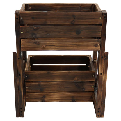 Sunnydaze Wagon Wheel 2-Tier Rustic Wood Plant Stand - Tiered Garden Box - For Patio, Garden, or Front Porch - Charred Fir Wood