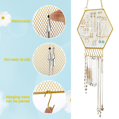 Jetec 2 Pcs Earring Wall Holder Wall Mounted Earring Organizer Hanging Jewelry Stand Decorative Diamond Grid Shape Display Rack with Hooks for Earrings Necklace Bracelet(Gold)