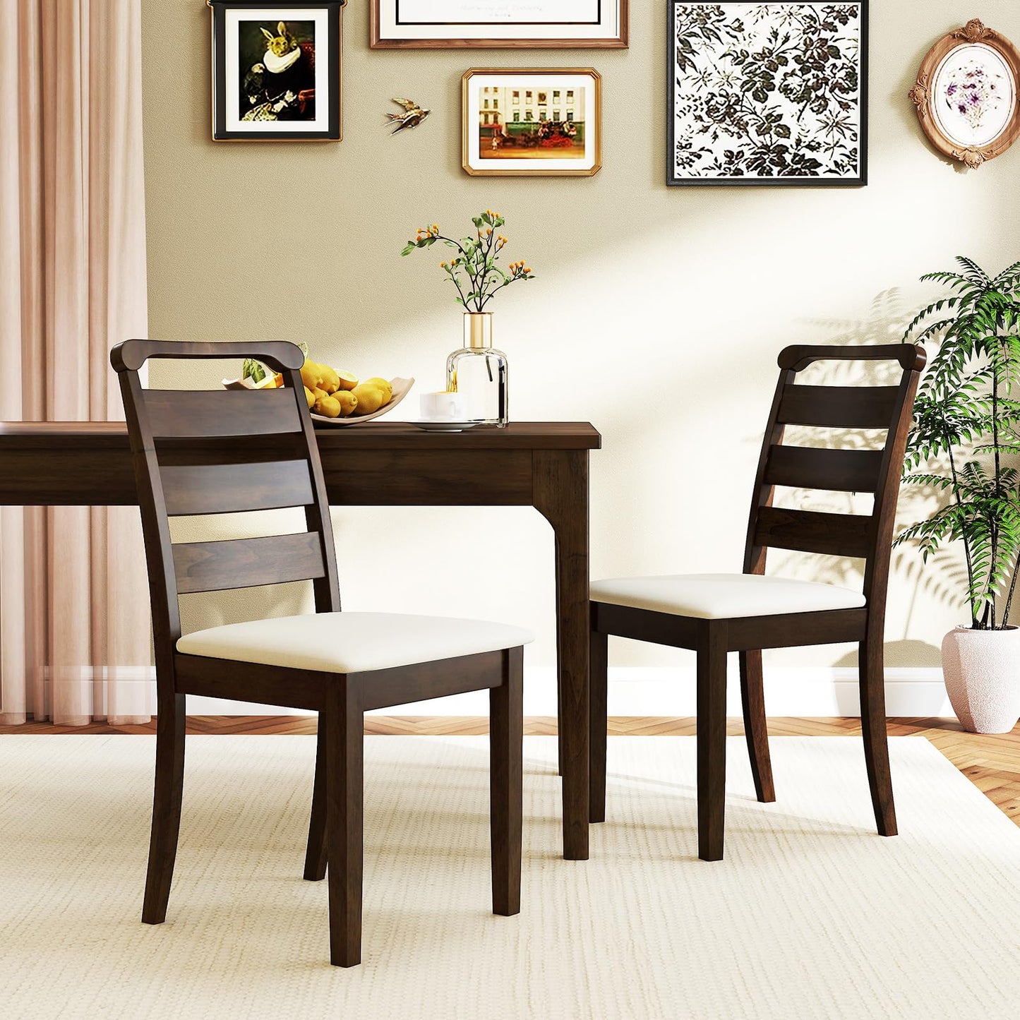 Giantex Wooden Dining Chairs Set of 2, Upholstered Kitchen Chairs w/Rubber Wood Frame, Padded Seat, High Ladder Back, Mid-Century Accent Armless Chairs, Modern Side Chairs for Living Room