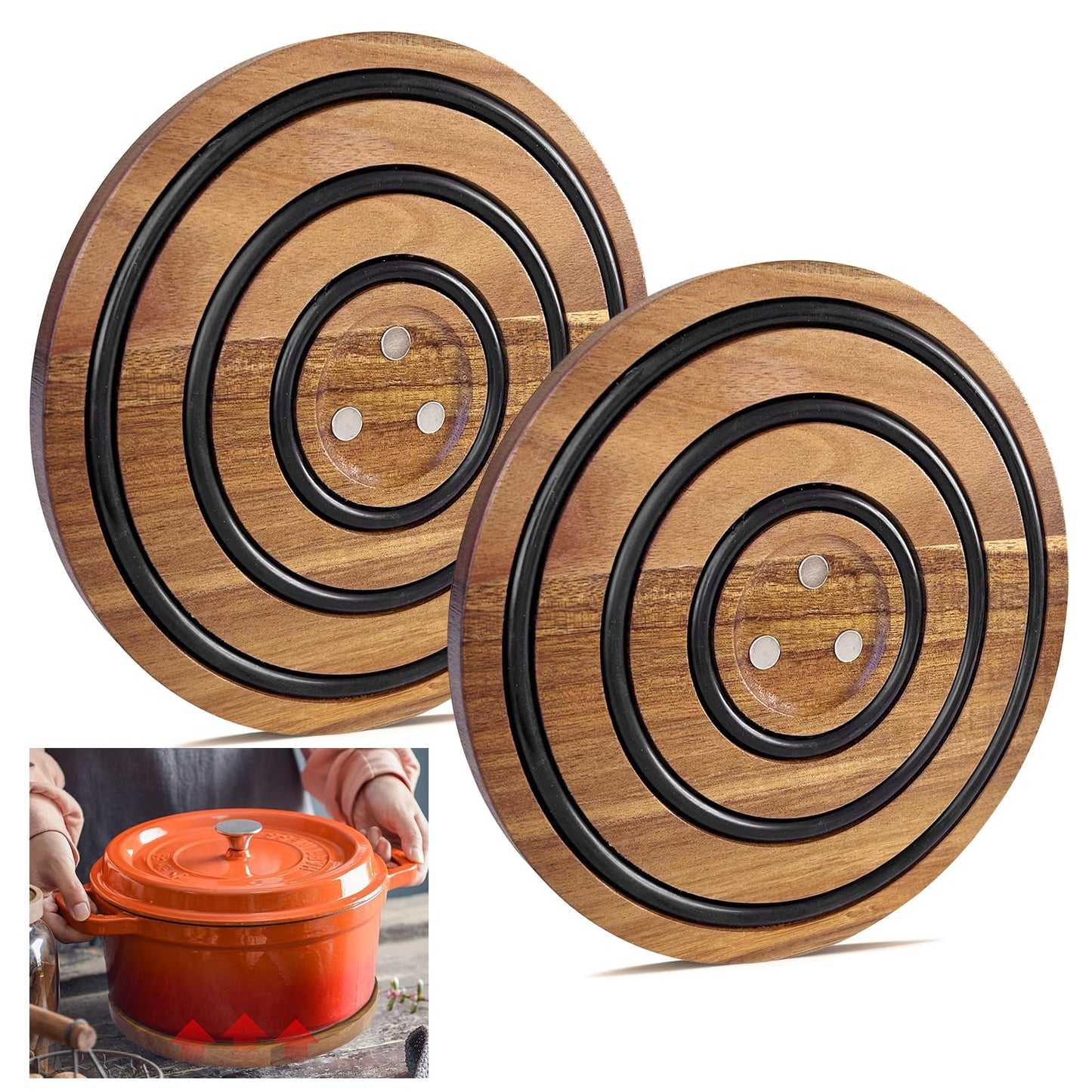 LAIAMER 2 PCS Magnetic Wooden Trivets for Hot Pots and Pans, Heat Resistant Acacia Wood Trivet with Cushioning Silicone Strips for Dutch Ovens Hot Dishes Pots Holder, for Mom Grandma