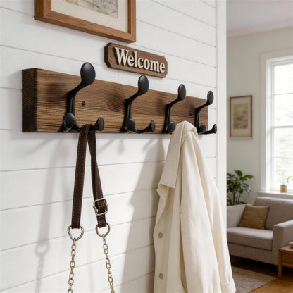 WEBI Coat Rack Wall Mount,24" Solid Wood Coat Hooks Wall Mounted Coat Hanger,16" Hole to Hole,Heavy Duty Hook Rack,4 Triple Hooks for Hanging Coats,Jacket,Hat,Backpack,Farmhouse,Brown
