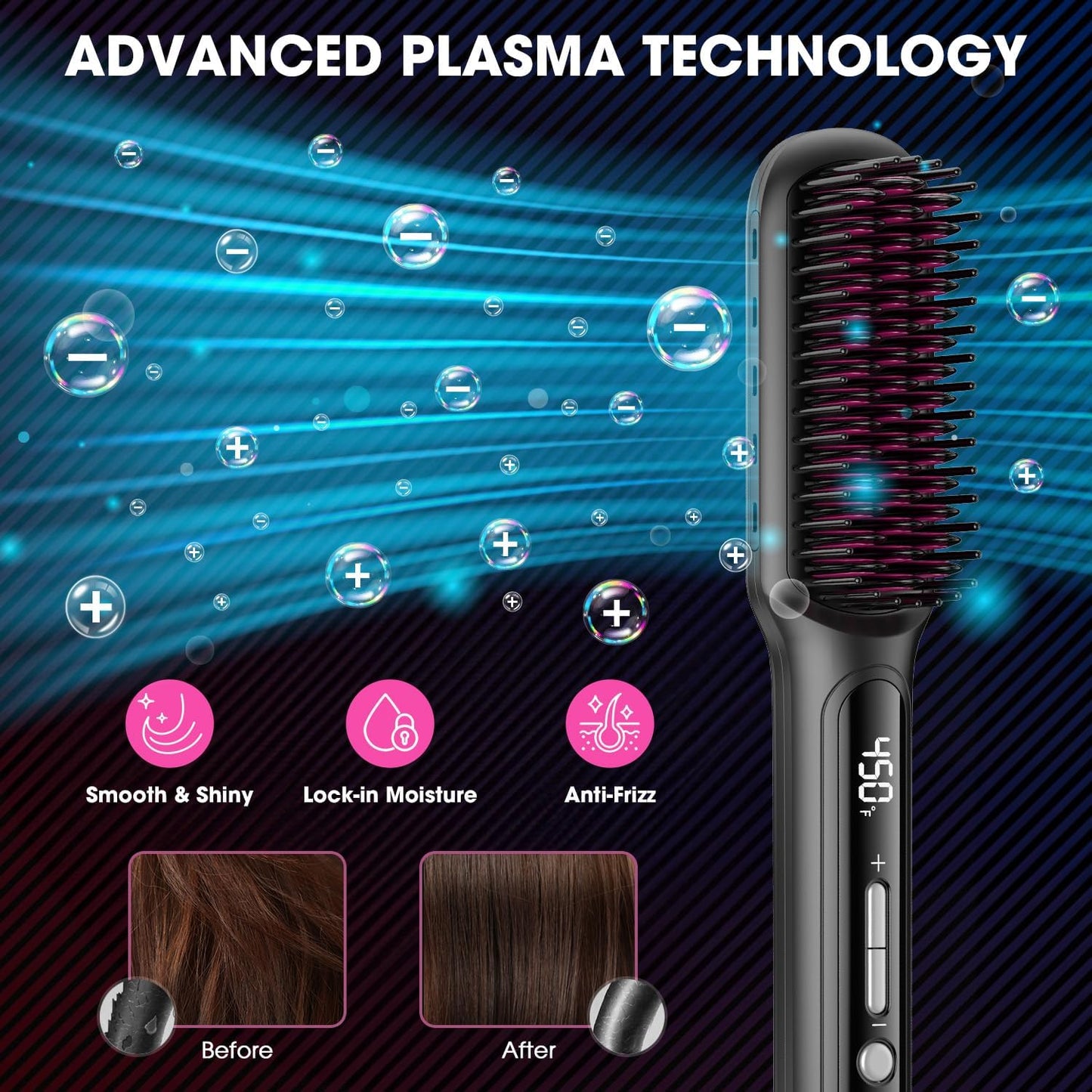 MiroPure Hair Straightener Brush with Plasma Technique, Ceramic Straightening Brush with 16 Temp Settings 30s Fast Heating, Hair Straightener Comb for Women with LED Display & Dual Voltage, Black