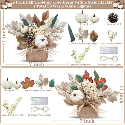 2 Styles & Timer Fall Decor- 2 Pack 11 Inch Tabletop Maple Tree Fall Decorations for Home, Lighted Fall Trees with 20 LEDs Battery Powered Leafed Pumpkin Cones Berry Autumn Thanksgiving Decorations