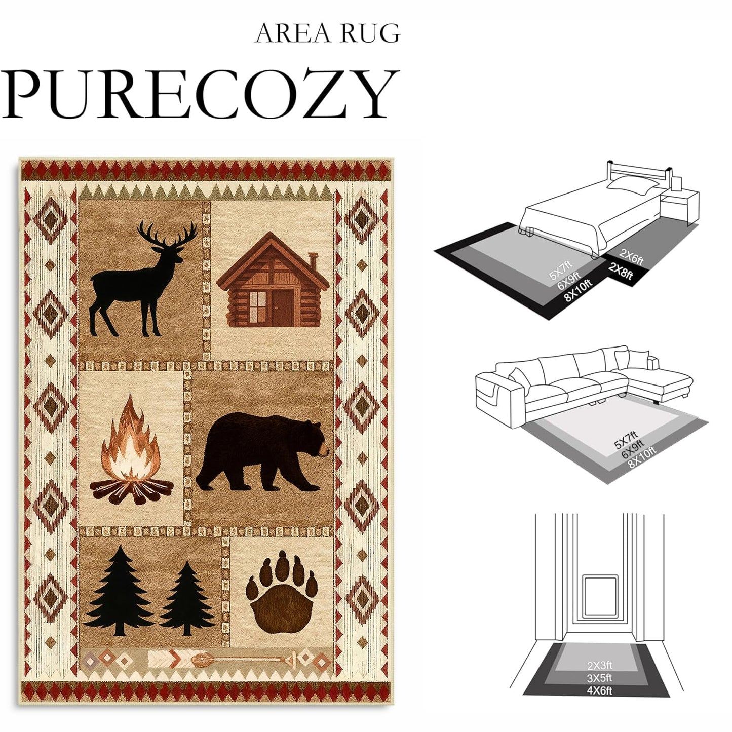 Area Rug 5x7 Rustic Cabin Bear Deer Rug Lodge Country Farmhouse Wildlife Rugs for Living Room Southwesten Machine Washable Non-Slip Printed Low-Pile Indoor Carpet for Bedroom Dining Room Office