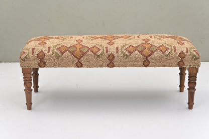 NATURAL FURNISH Acacia Wood Kilim Jute Fabric Upholstered Bench with Geometric Pattern | Wooden Ottoman with Turned KD Legs for Living Room, Bedroom, End of Bed, Hallway & Entryway (Beige and Rust)