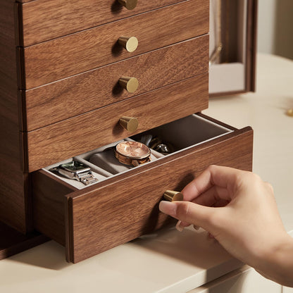 Homruilink Black Walnut Wooden Jewelry Box, Wood Jewelry Organizer with 2 Side Doors Mirror Lockable Classical Style for Watch Necklace Ring Earring Storage, Fathers Day Gift-6 Layer