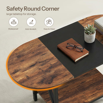 HOOBRO Coffee Table for Living Room, 2-Tier Oval Coffee Table, Industrail Centre Table with Open Shelf, for Small Space, Home Office and Dining Room, Rustic Brown and Black BFK13KF01