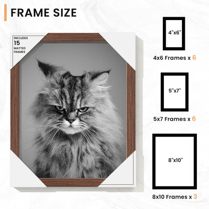 Venusmiles 15 Pack Picture Frames Collage Wall Decor, Gallery Frame Set for Wall Mounting or Tabletop Display, Multi Sizes Including 3pcs 8x10, 6pcs 5x7, 6pcs 4x6, Walnut