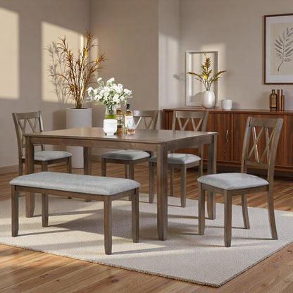 Trygoal Dining Table Set, Wooden Kitchen Table Set with Rectangular Table, 4 Vertical X Backrest Upholstered Chairs & a Bench, Table and Chairs with Non-Slip Feetmats for 6 People, Living Room, Walnut