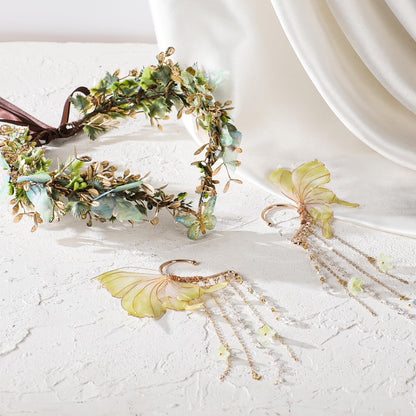 MOSTORY Butterfly Fairy Accessories Set - Green Flower Elf Crown Elf Ear Cuffs Kit for Woodland Renaissance Costume Women Forest Fantasy Fairycore Cosplay