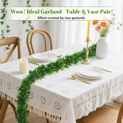DDHS Artificial Boxwood Garland, 6FT Fake Plant Greenery Eucalyptus Garland Faux Vines Hanging Plant Green Artificial Boxwood Plants for UV Outdoor Indoor Wedding Backdrop Wall Table Farmhouse Party