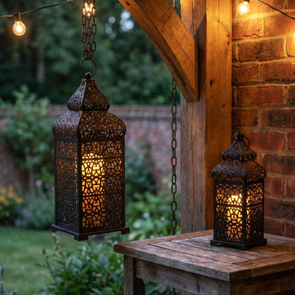 Vela Lanterns Decorative Indoor Moroccan Candle Holders, Black, Set of 2