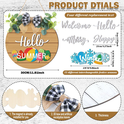 Burbell 20 Pieces Interchangeable Welcome Sign for All Seasons Seasonal Front Door Decor with 4 Pcs Sign and 15 Pcs Changeable Icons Farmhouse Front Porch Rustic Holiday Wooden Door Decor(Brown)