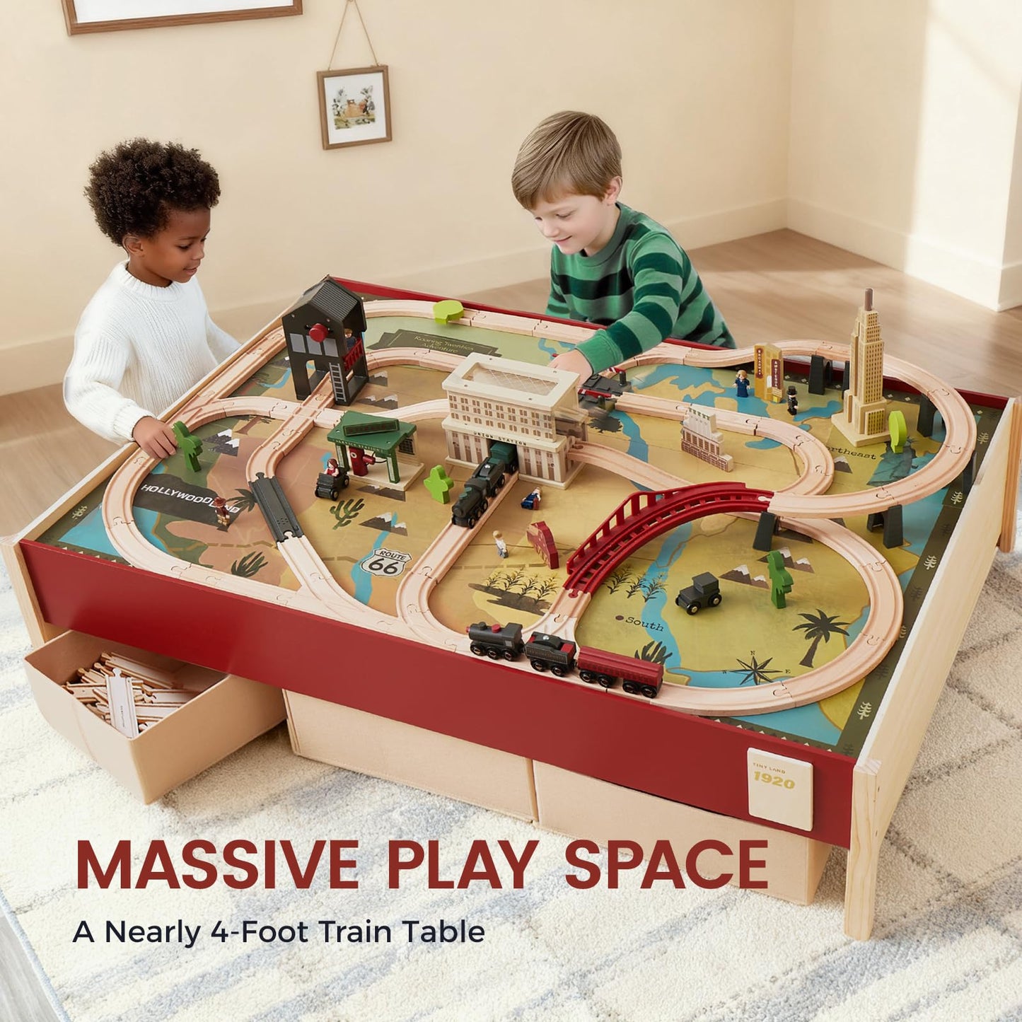 Tiny Land Large Wooden Train Table (47.9”x35.2”), 104PCS Train Set, 3 Storage Bins, Activity Playset for Kids Ages 3+