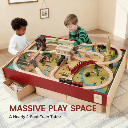 Tiny Land Large Wooden Train Table (47.9”x35.2”), 104PCS Train Set, 3 Storage Bins, Activity Playset for Kids Ages 3+