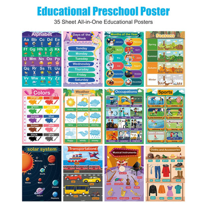 35 Pcs Laminated Educational Posters for Toddlers & Elementary Kids (Ages 3-10) - A3 Size Water-Resistant Dry Erase Learning Charts Set with Alphabet, Numbers, World Map, Foam Dots Included