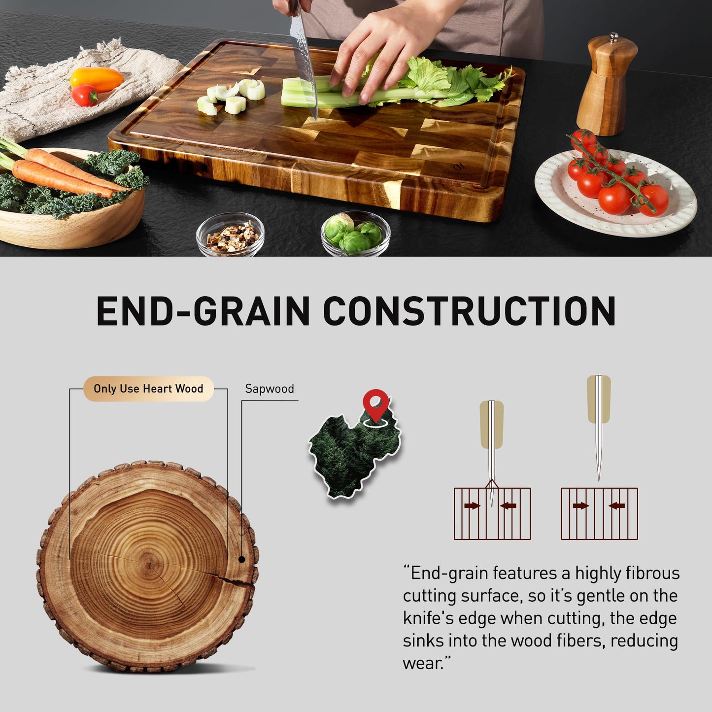 Extra Large End Grain Cutting Board for Kitchen with Non-slip Feet, Acacia Wood Heavy Duty Checkered Cutting Board Handcrafted Luxury Chopping Board for Cheese and Vegetables Housewarming Gift