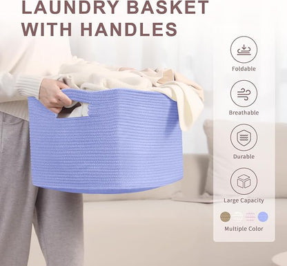 45L Small Baby Girls Laundry Basket for Nursery Storage,Cute Woven cotton Rope Baskets for Kids Toy，Gifts, Boho Square Wicker Blanket hamper for Living Room,Bedroom Dirty Clothes,Blue Purple