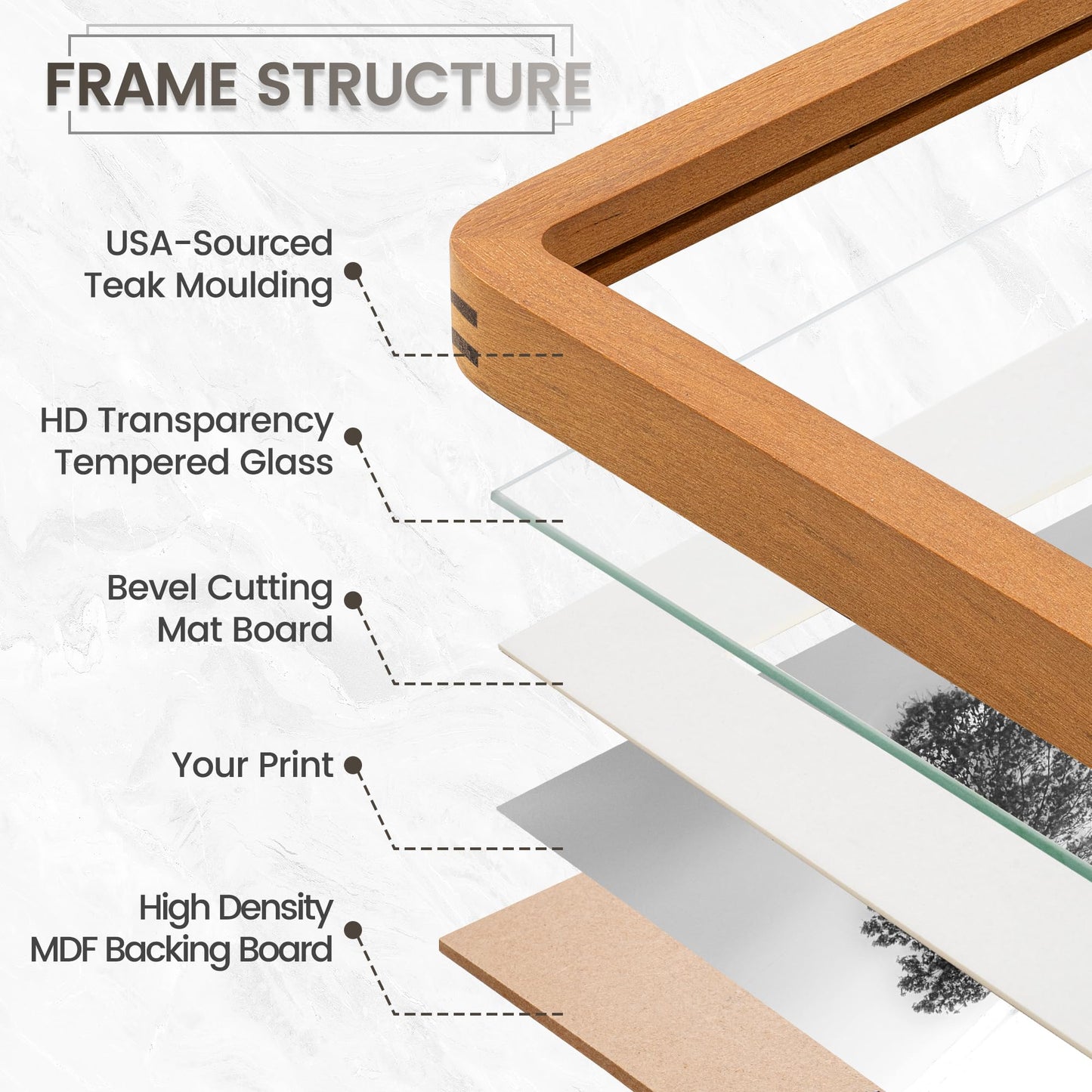12x16 Picture Frame, USA-Sourced Natural Teak Wood Photo Collage Frame with HD Tempered Glass, Modern Simple 12 x 16 Wooden Frame Matted to 8.5x11, Vertical & Horizontal Wall Hanging Display