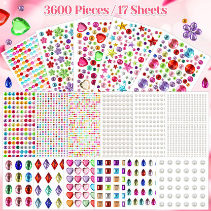 Lezmarket 3600PCS Gem Stickers, Rhinestone Stickers for Crafts, Sticky Pearls Jewels Stick on Gems Self Adhesive Sparkle Embellishments for Decoration