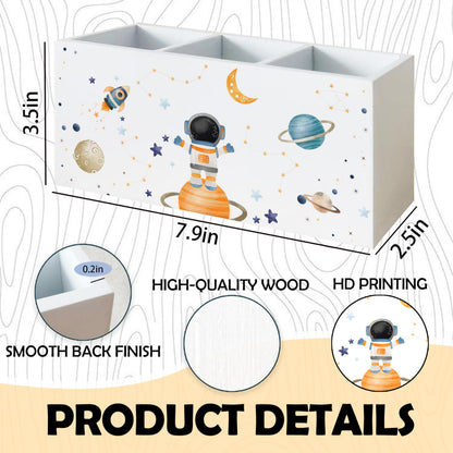 KAOWT Space Pen Pencil Holder for Desk, Space Gifts for Kids, Galaxy Celestial Rocket Astronaut Wooden Signs Desk Organizer for Kids Boys Room Bedroom Classroom Decor