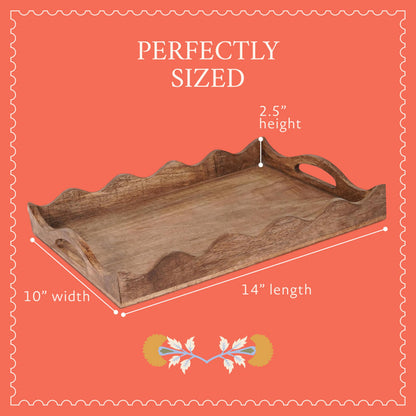 Mela Artisans 14” x 10” x 2.5” Mango Wood Serving Tray with Handles – Ottoman Scallop White Burnt – Medium Handcrafted Wooden Serving Board for Breakfast, Coffee & Home Décor