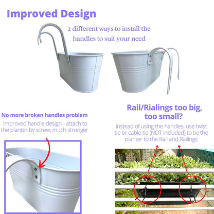 LaLaGreen Outdoor Rail Planter (6 Pack, 9.8 Inch) Small and Cute White Metal Iron Hanging Flower Pots Deck Railings Fence Buckets Countryside Style Wall Mount Window Box Plant Holder Hooks Porch Decor