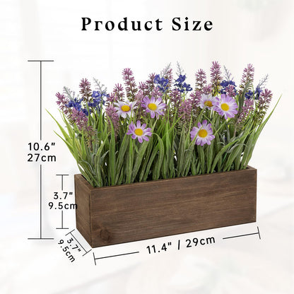 Artificial Lavender Flowers Arrangement in Rectangular Wood Planter Box, 10.6" Fake Potted Lavender Flowers with Daisies, Faux Lavender Plant for Centerpieces, Window Sill, Shelf, Home & Office Decor