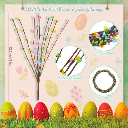 Juinte 20 Packs Easter Berry Garland Artificial Sprays Wire Spring Pip Berry Decorative Garland Picks Floral Pip Picks Stems for Easter Crafts Floral Arrangement Wreath Making