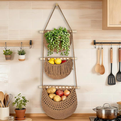 3 Tier Hanging Fruit Baskets for Kitchen, Boho Cotton Rope Handwoven Vegetable