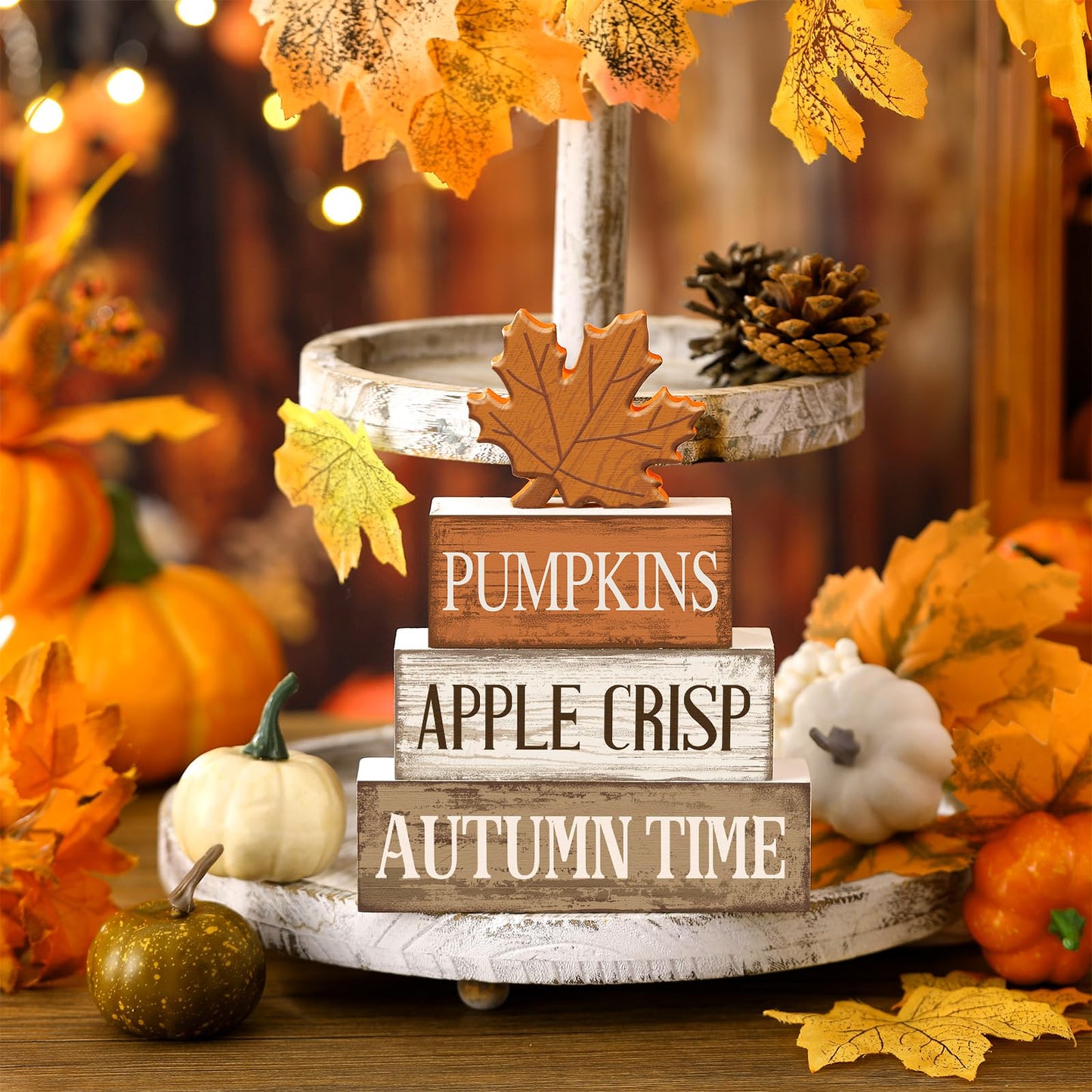 Briwooody 4 Pcs Fall Table Decoration Wooden Reversible Maple Leave Fall Tiered Tray Decor Thanksgiving Centerpiece Rustic Maple Leaves Block Signs Farmhouse Autumn Decoration for Home Kitchen