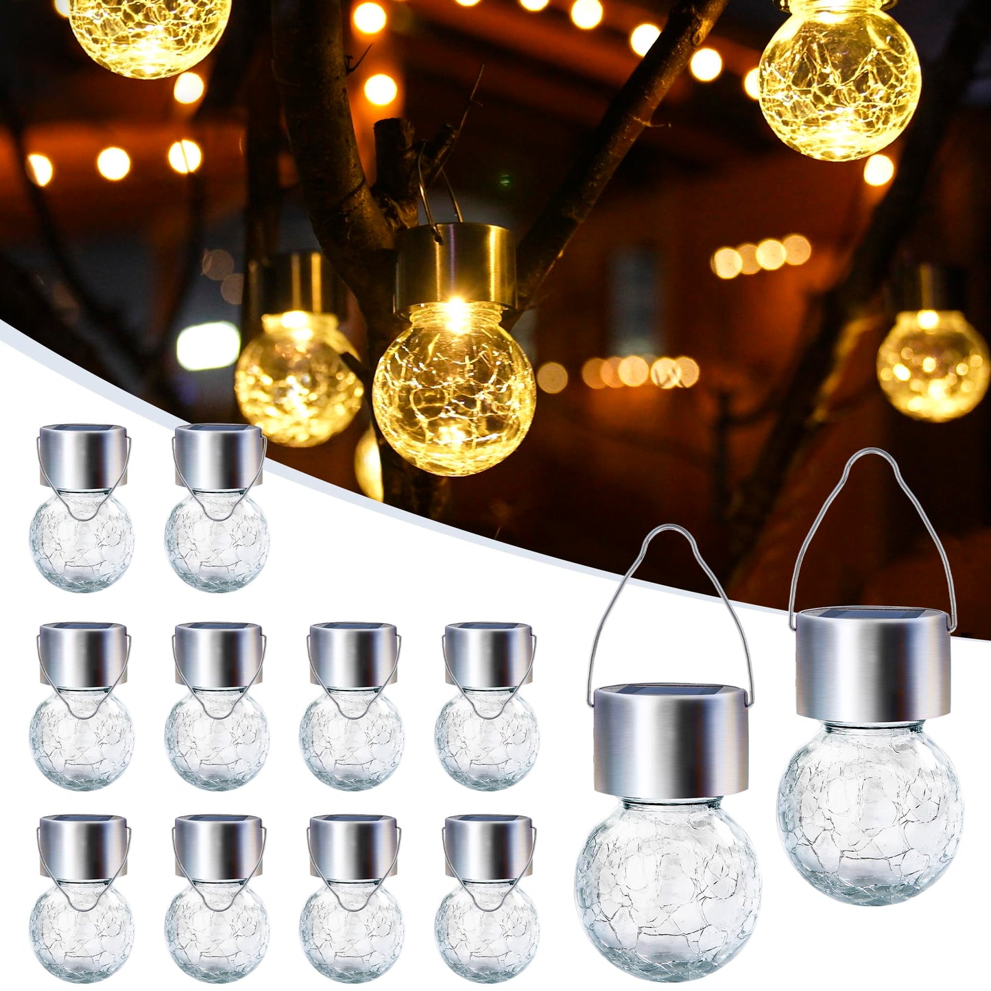 GIGALUMI Solar Lights Outdoor Waterproof ,12 Pack Solar Hanging Lights Garden Decor,Gifts for Women Mom Grandma,Solar Outdoor Lights Lantern Cracked Glass for Yard, Fence, Tree(Warm White)