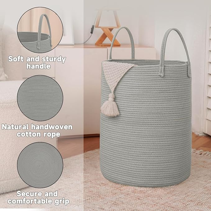 Large Woven Laundry Basket Hamper, 100L Cotton Rope Storage Bin